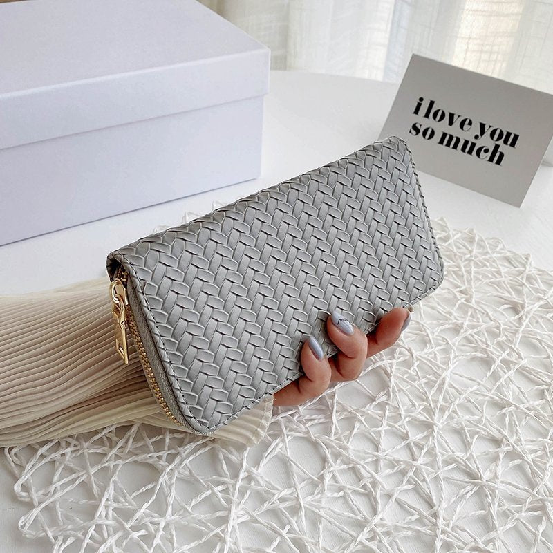 Mid-Length Zipper Clutch European and American Style Fashion Export Pu Leather Woven Purse