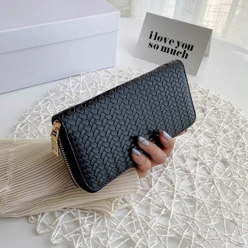Mid-Length Zipper Clutch European and American Style Fashion Export Pu Leather Woven Purse