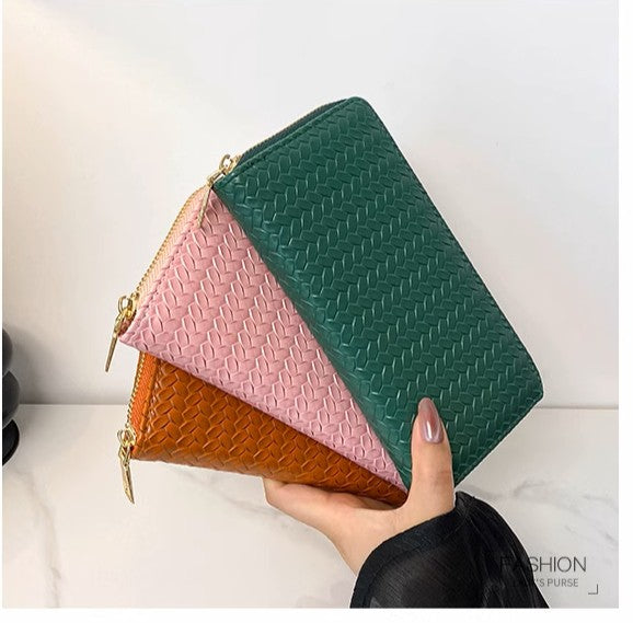 Mid-Length Zipper Clutch European and American Style Fashion Export Pu Leather Woven Purse