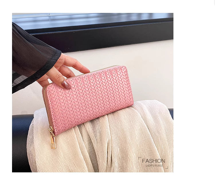 Mid-Length Zipper Clutch European and American Style Fashion Export Pu Leather Woven Purse