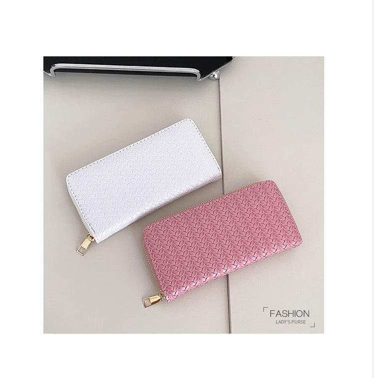 Mid-Length Zipper Clutch European and American Style Fashion Export Pu Leather Woven Purse