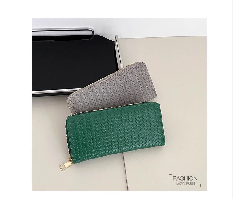 Mid-Length Zipper Clutch European and American Style Fashion Export Pu Leather Woven Purse