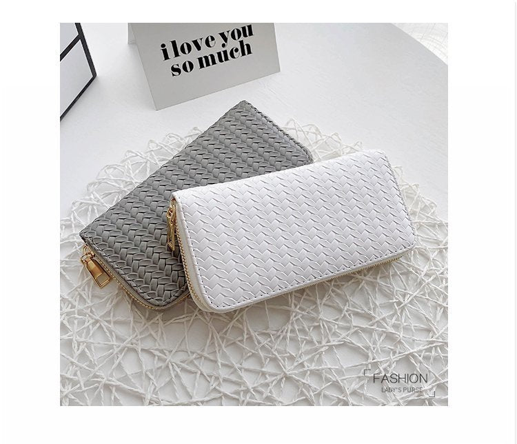 Mid-Length Zipper Clutch European and American Style Fashion Export Pu Leather Woven Purse