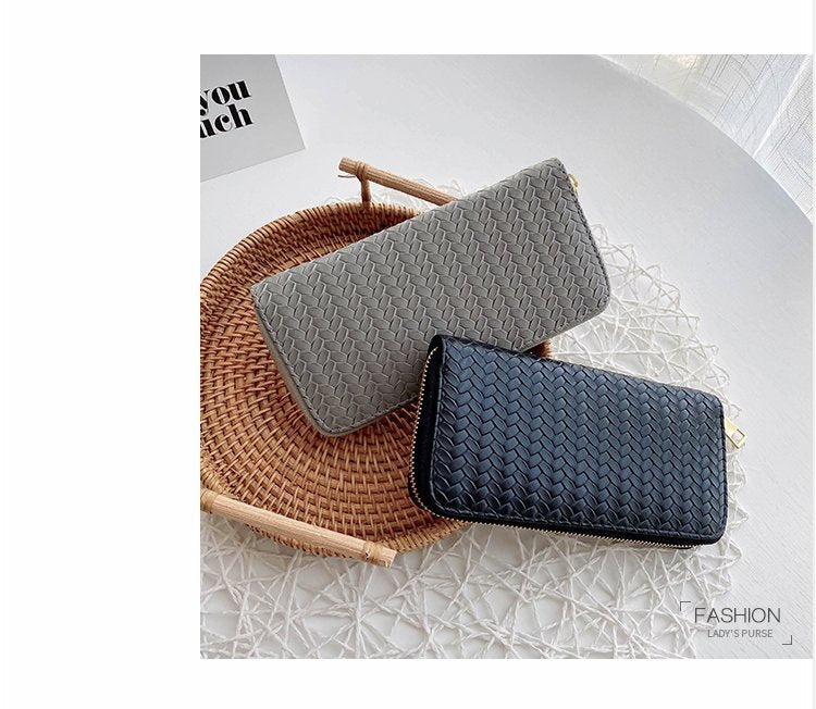 Mid-Length Zipper Clutch European and American Style Fashion Export Pu Leather Woven Purse
