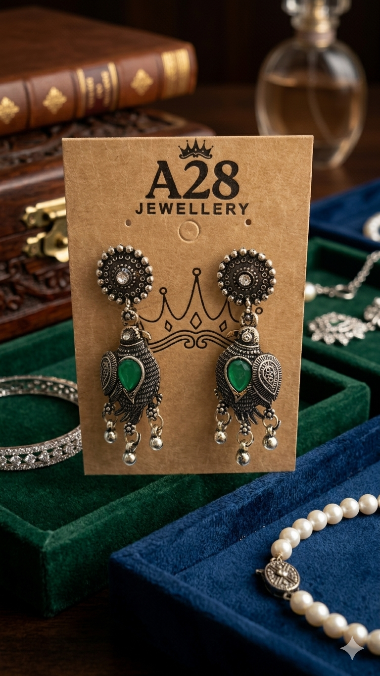 Pankhi: Oxidized Bird-Motif Earrings with Colorful Stone Accents