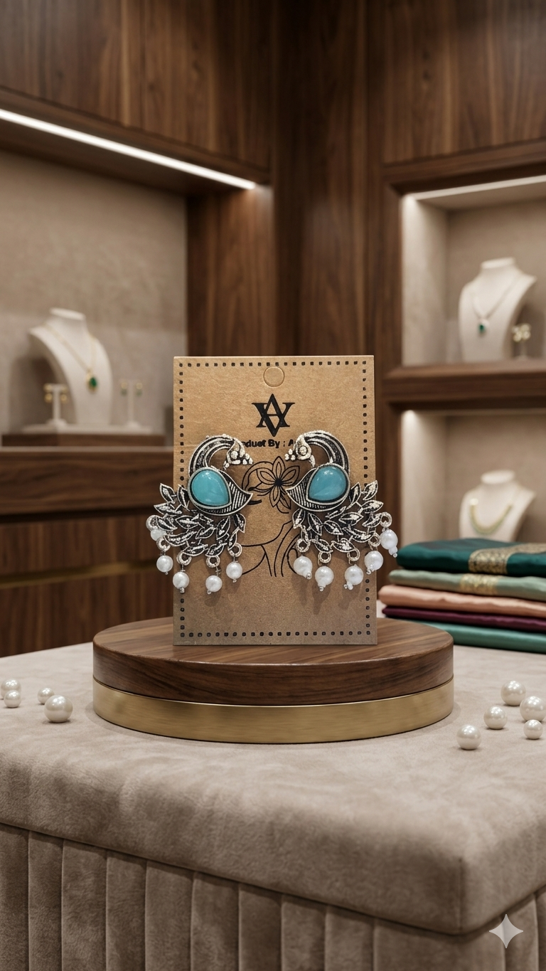 Mayura: Handcrafted Oxidized Peacock Studs with Stone Inlay