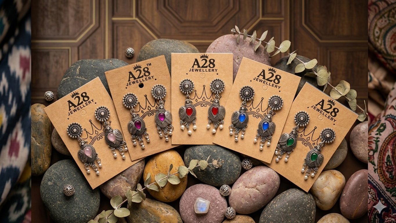 Pankhi: Oxidized Bird-Motif Earrings with Colorful Stone Accents