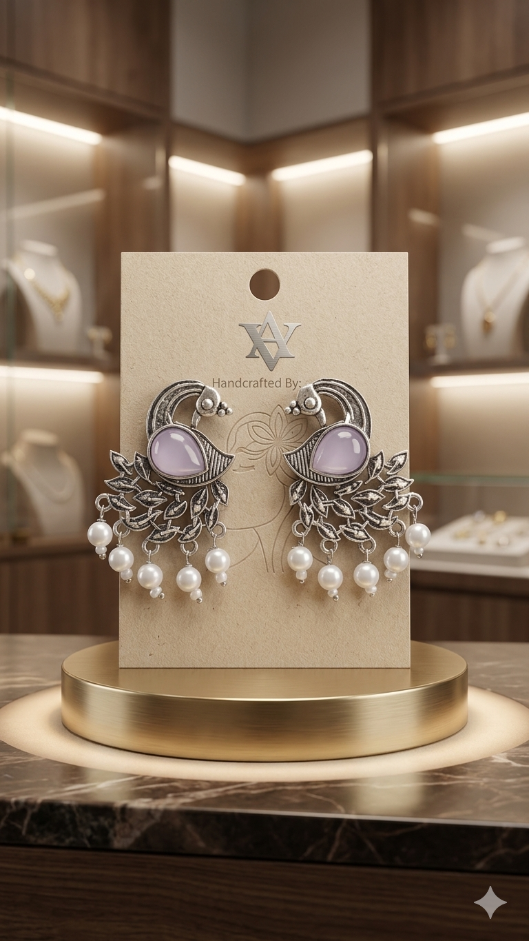 Mayura: Handcrafted Oxidized Peacock Studs with Stone Inlay