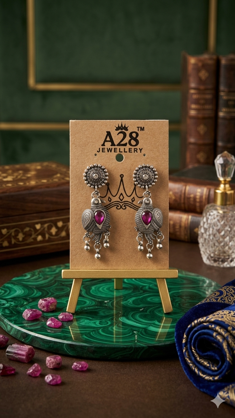 Pankhi: Oxidized Bird-Motif Earrings with Colorful Stone Accents