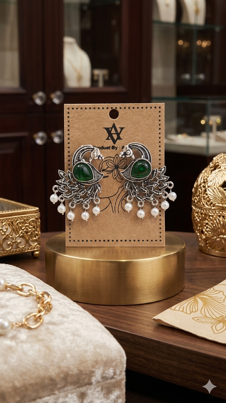 Mayura: Handcrafted Oxidized Peacock Studs with Stone Inlay