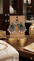Mayura: Handcrafted Oxidized Peacock Studs with Stone Inlay