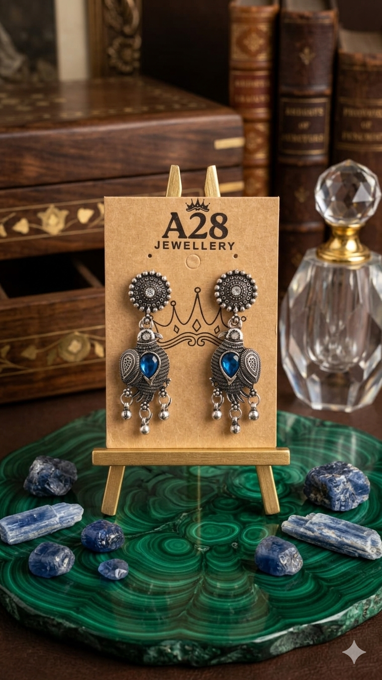 Pankhi: Oxidized Bird-Motif Earrings with Colorful Stone Accents