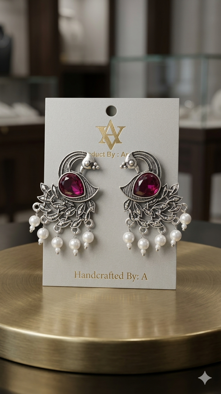 Mayura: Handcrafted Oxidized Peacock Studs with Stone Inlay