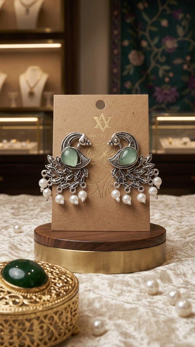 Mayura: Handcrafted Oxidized Peacock Studs with Stone Inlay