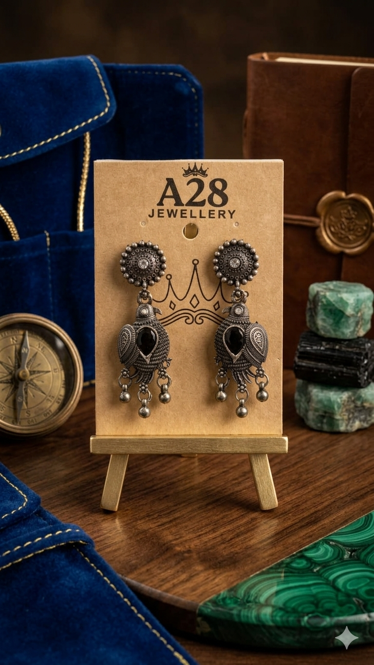 Pankhi: Oxidized Bird-Motif Earrings with Colorful Stone Accents