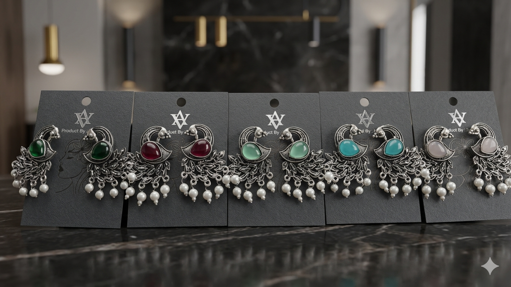 Mayura: Handcrafted Oxidized Peacock Studs with Stone Inlay