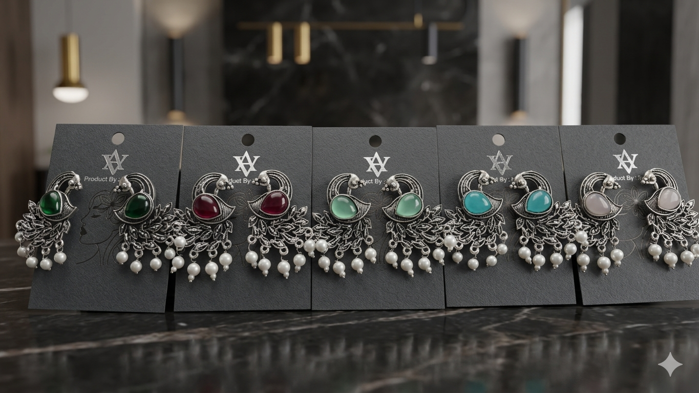 Mayura: Handcrafted Oxidized Peacock Studs with Stone Inlay