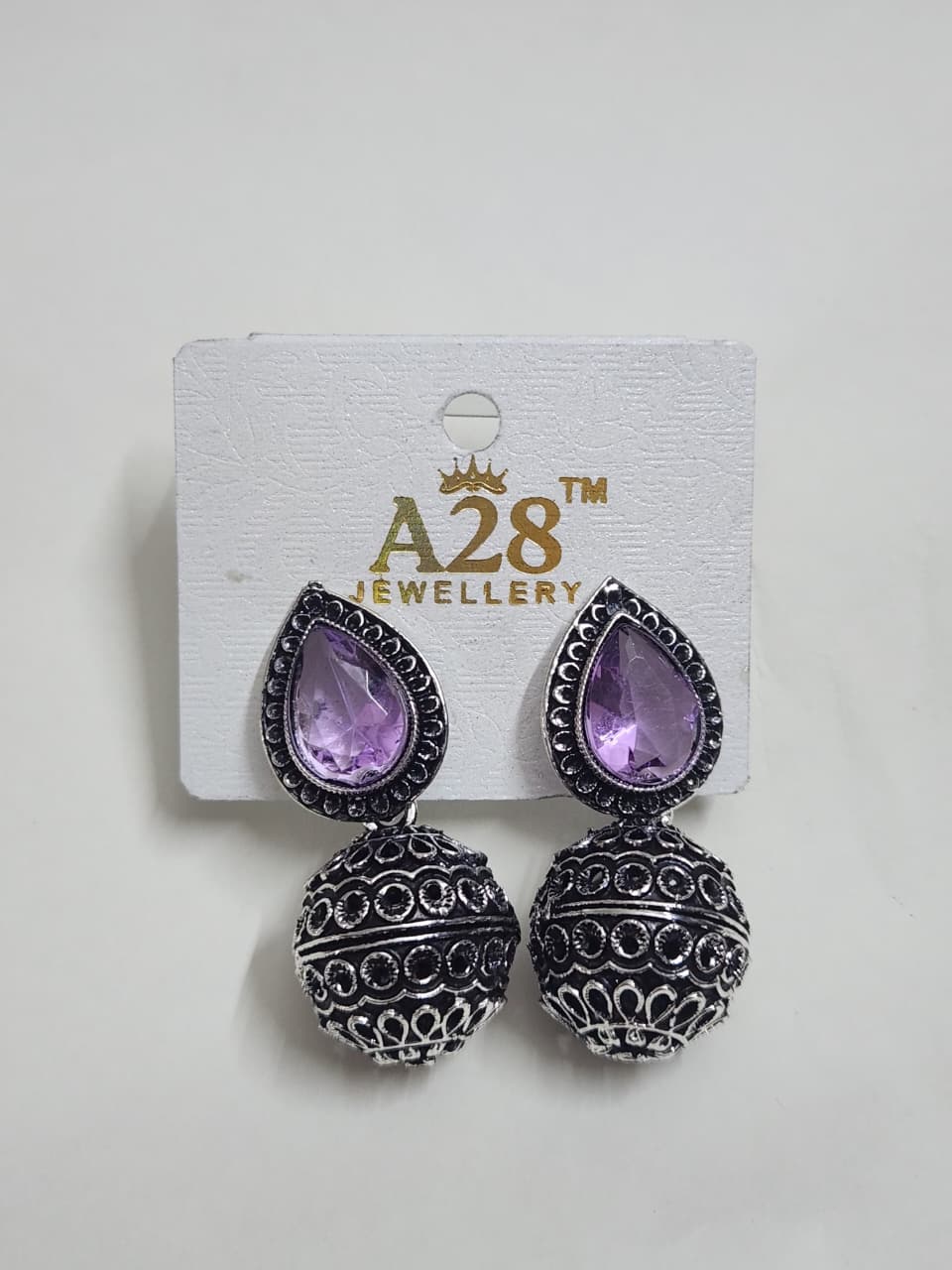 Oxidized Jhumka Earrings with Teardrop Stone