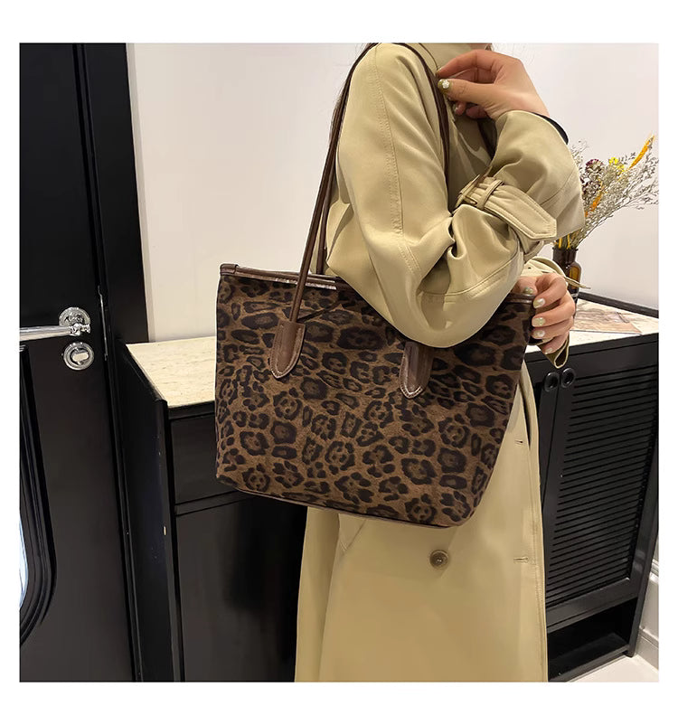Casual Leopard Print Portable Tote Bag Autumn and Winter New Suede Large Capacity