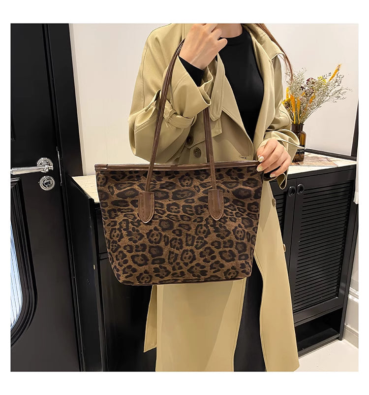 Casual Leopard Print Portable Tote Bag Autumn and Winter New Suede Large Capacity