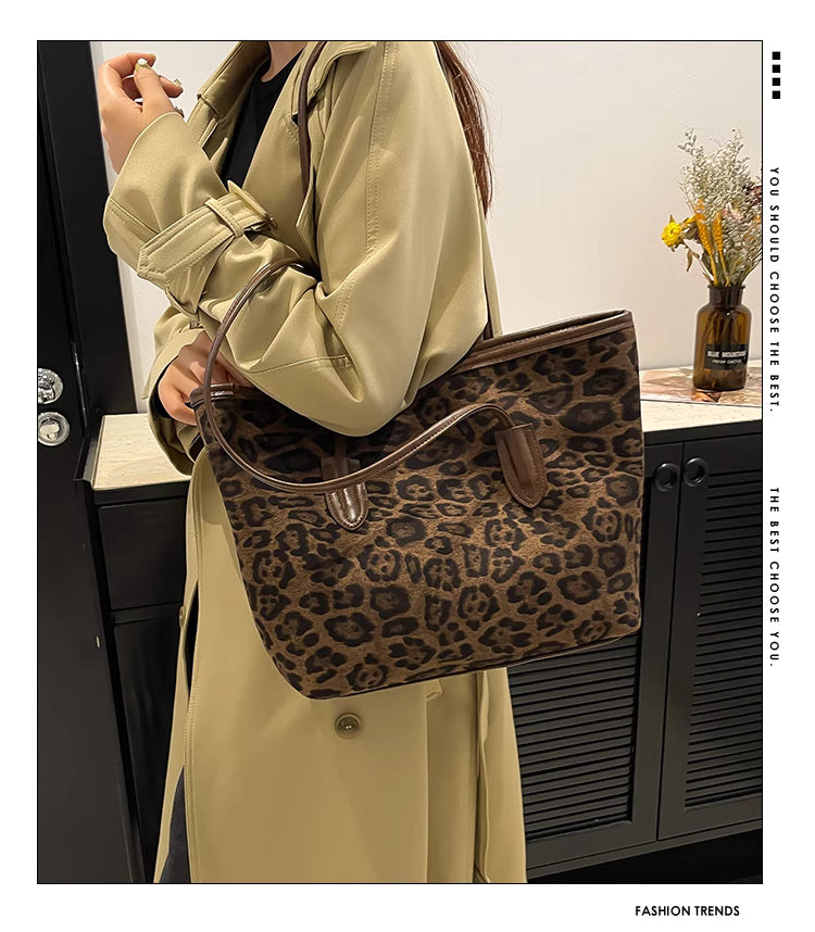 Casual Leopard Print Portable Tote Bag Autumn and Winter New Suede Large Capacity