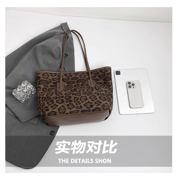 Casual Leopard Print Tote Bag - Portable Suede Large Capacity for Autumn and Winter