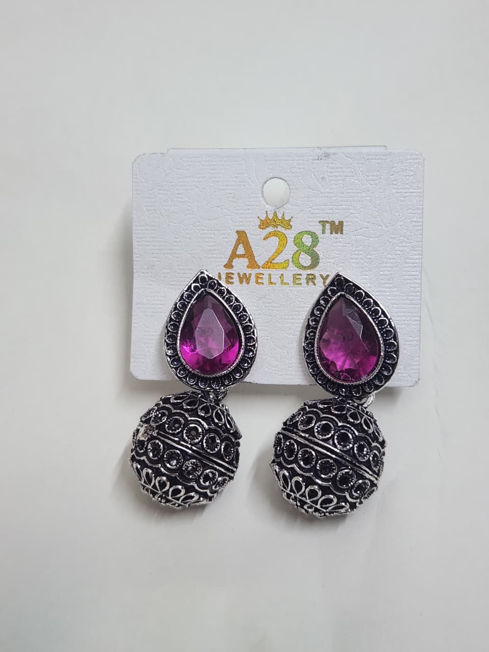 Oxidized Jhumka Earrings with Teardrop Stone