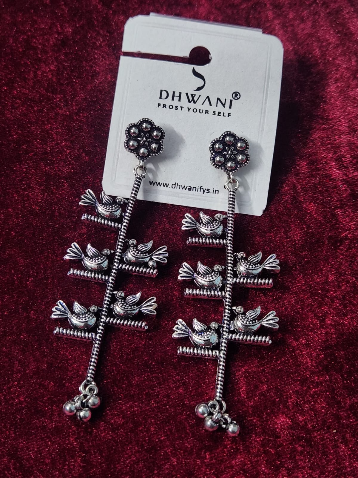 Silver Oxidized Bird Motif Long Earrings