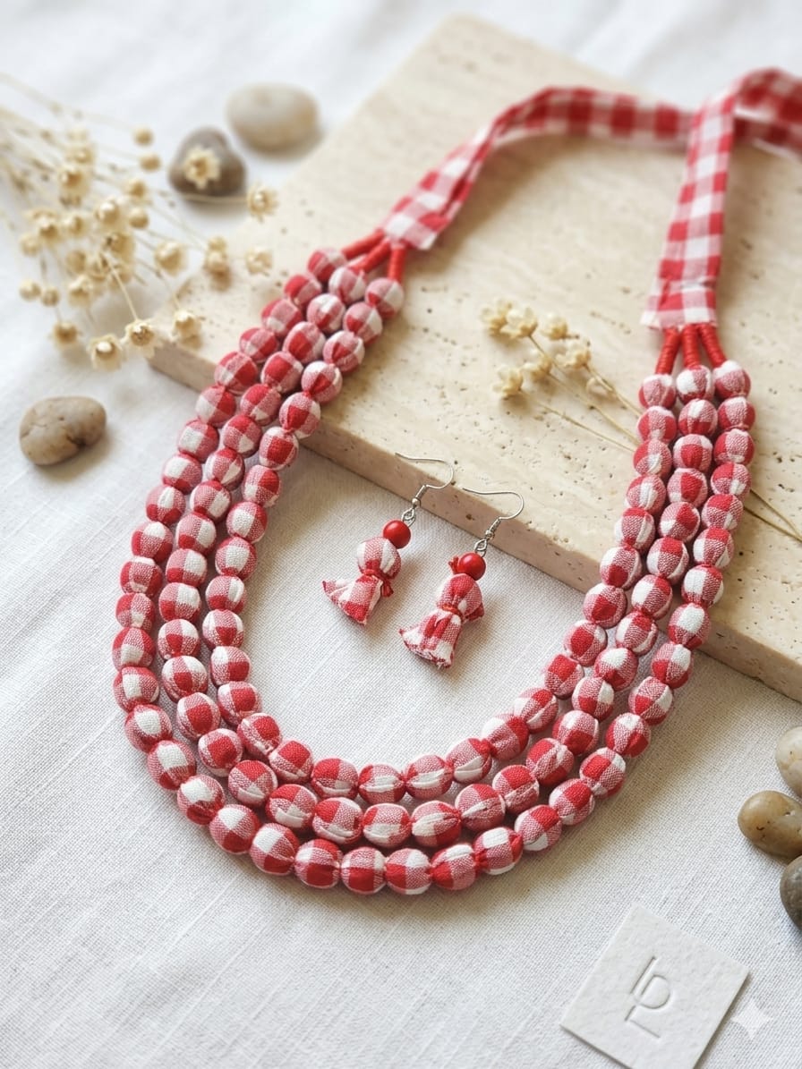 Handcrafted Red & White Gingham Fabric Layered Necklace Set