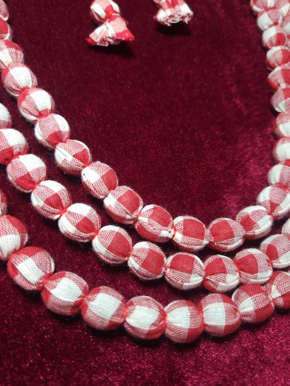 Handcrafted Red & White Gingham Fabric Layered Necklace Set