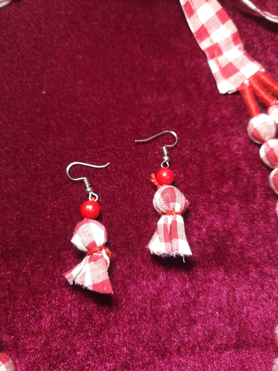 Handcrafted Red & White Gingham Fabric Layered Necklace Set