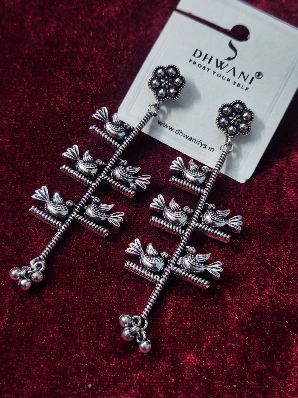 Silver Oxidized Bird Motif Long Earrings