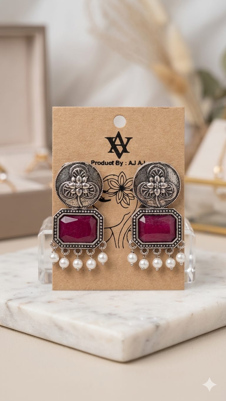 Vintage German Silver Stone Earrings with Pearl Drops