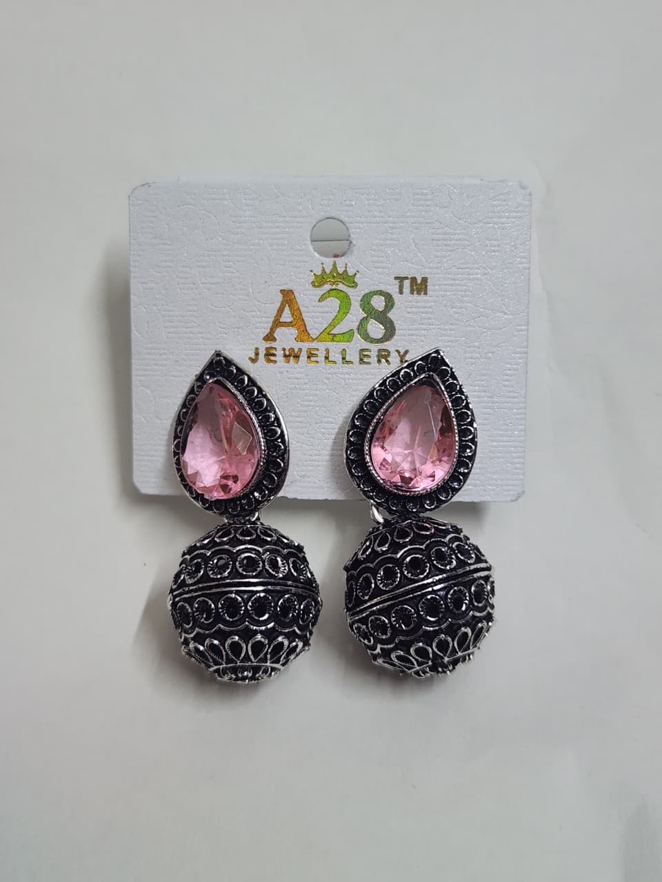 Oxidized Jhumka Earrings with Teardrop Stone