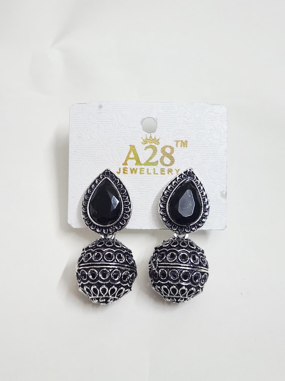 Oxidized Jhumka Earrings with Teardrop Stone