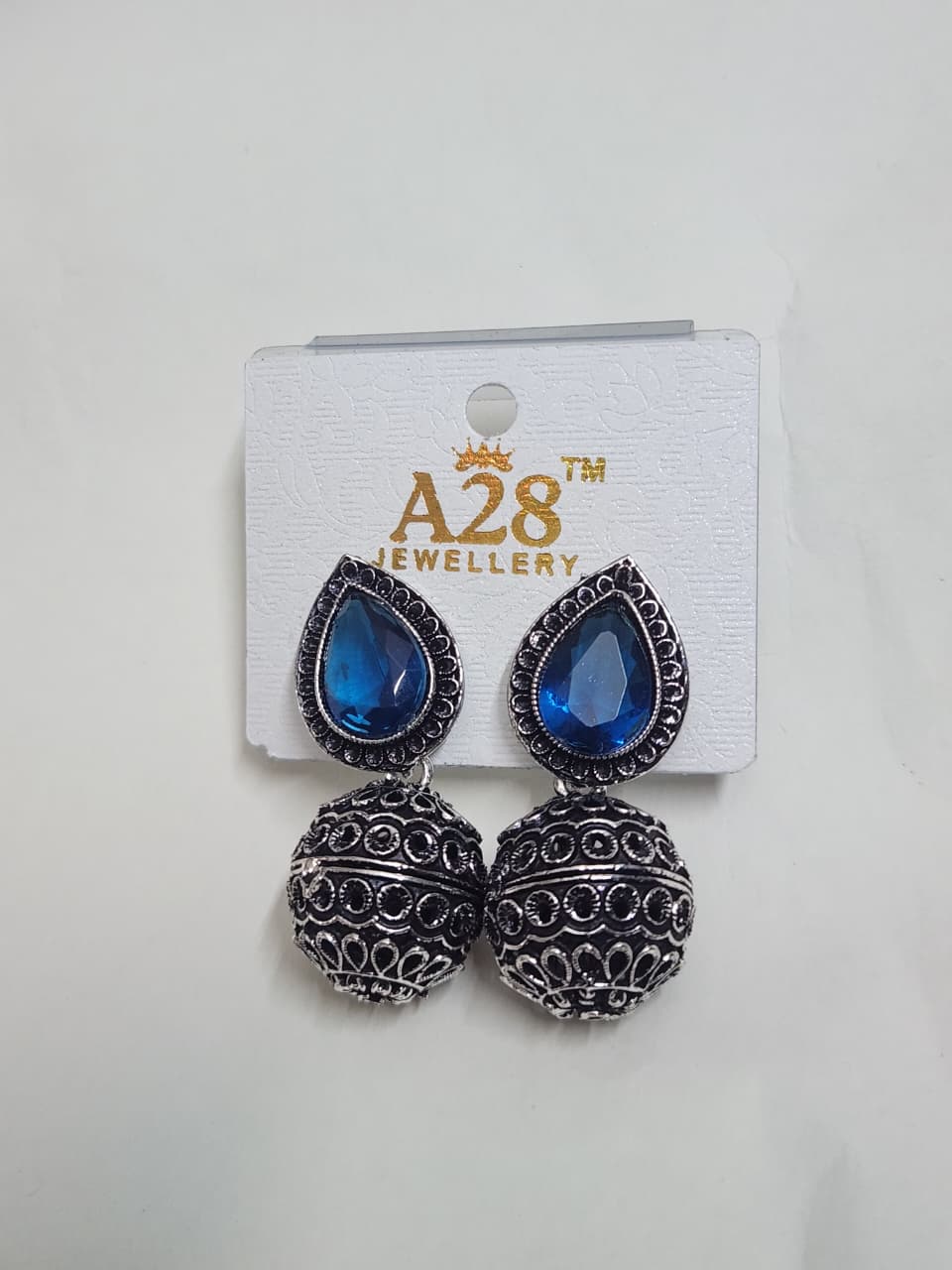 Oxidized Jhumka Earrings with Teardrop Stone