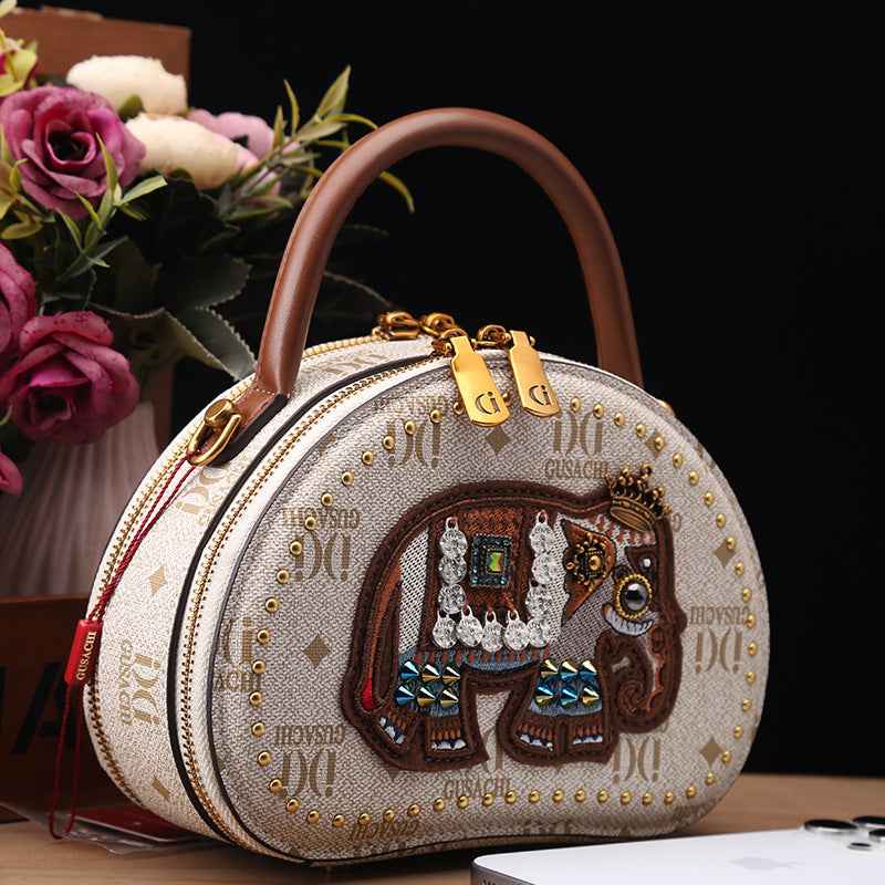 2025 Mini Square Crossbody Bag with Embroidered Elephant in Retro Color Blocking Brown and Cream PU Leather