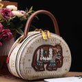 2025 Mini Square Crossbody Bag with Embroidered Elephant in Retro Color Blocking Brown and Cream PU Leather
