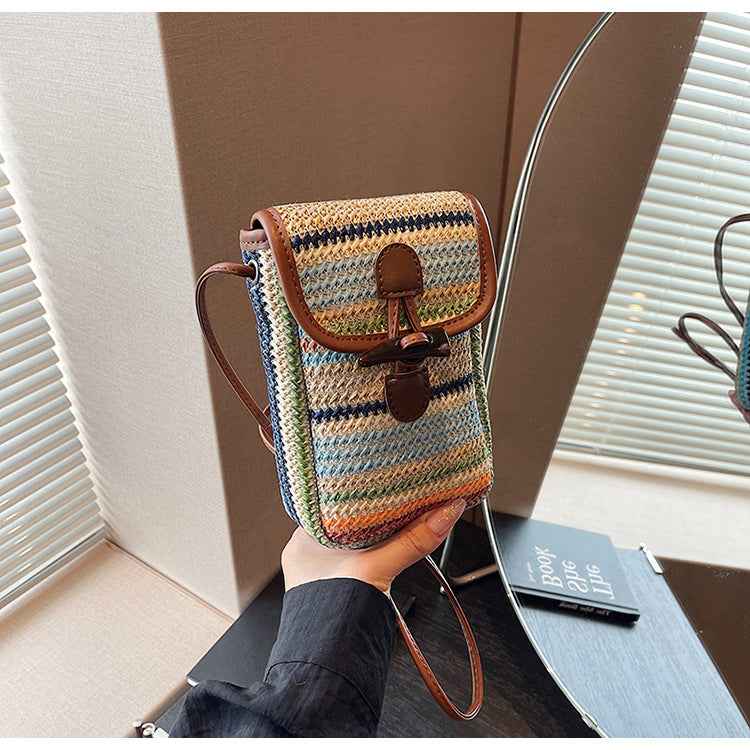 Straw Mobile Phone Bag Women's 2024 Summer New Fashion Rainbow Woven Bag Niche All-match Crossbody Small Square Bag