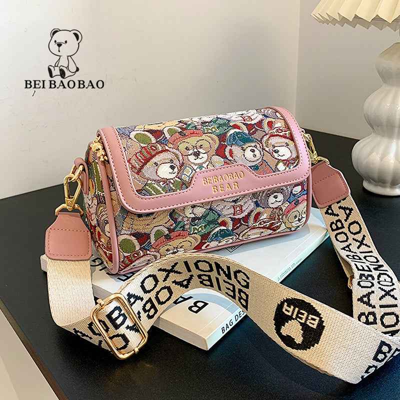 Canvas Boston Bag Crossbody For Women Cartoon Bear Design Fresh And Sweet Style Medium Size Pink Brown Navy Blue