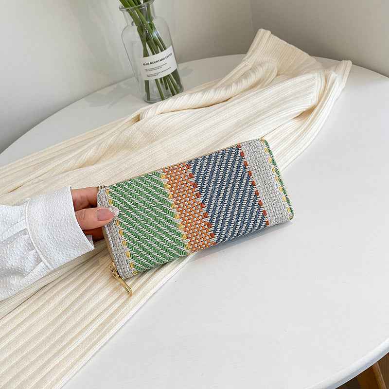 2025 New Korean Style Women's Wallet Linen Long Contrast Color Clutch Large Capacity Card Bag Wallet Coin Purse