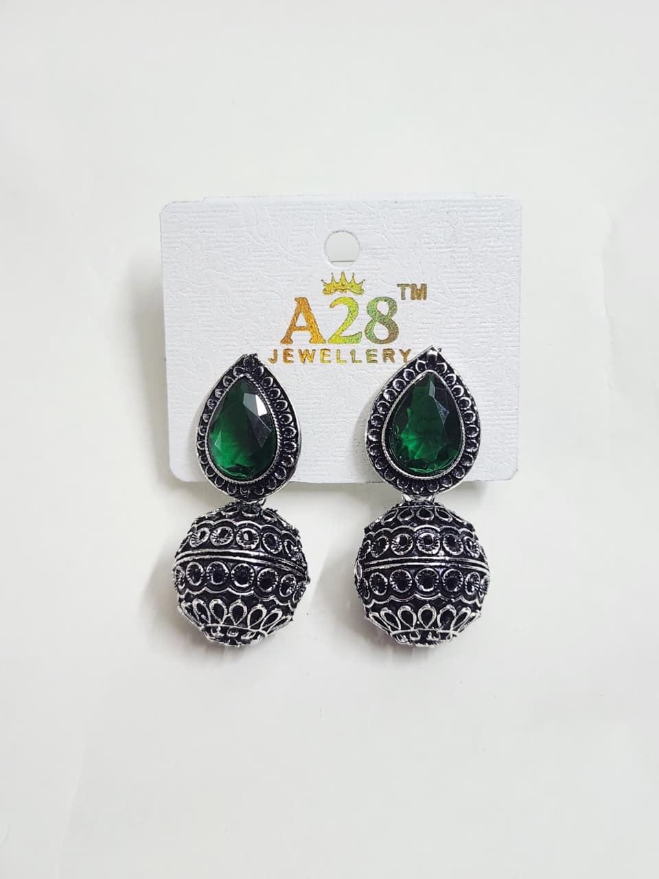 Oxidized Jhumka Earrings with Teardrop Stone