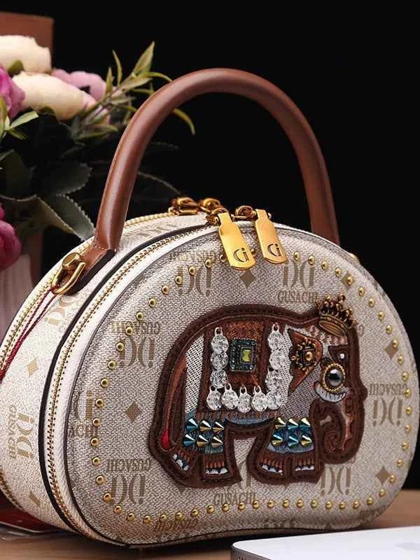 2025 Mini Square Crossbody Bag with Embroidered Elephant in Retro Color Blocking Brown and Cream PU Leather