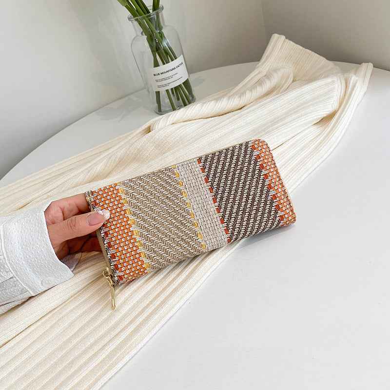 2025 New Korean Style Women's Wallet Linen Long Contrast Color Clutch Large Capacity Card Bag Wallet Coin Purse
