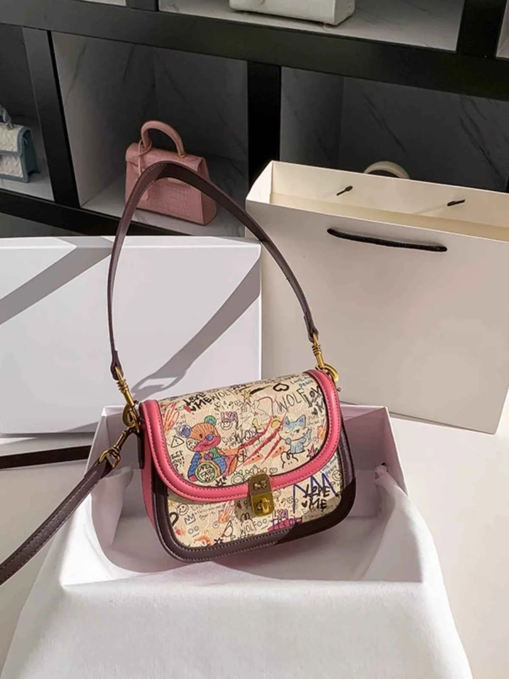 Zr Niche Design Graffiti Bear Tofu Small Square Bag Women 2025 New Fashion Contrasting Color Shoulder Crossbody Bag