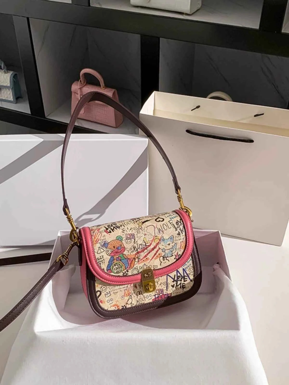 Zr Niche Design Graffiti Bear Tofu Small Square Bag Women 2025 New Fashion Contrasting Color Shoulder Crossbody Bag