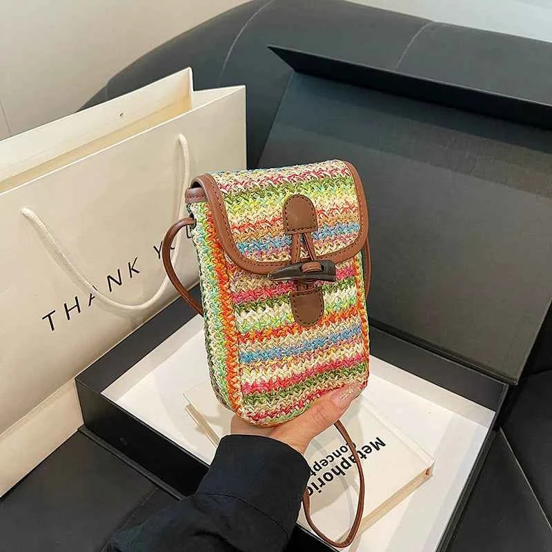 Straw Mobile Phone Bag Women's 2024 Summer New Fashion Rainbow Woven Bag Niche All-match Crossbody Small Square Bag