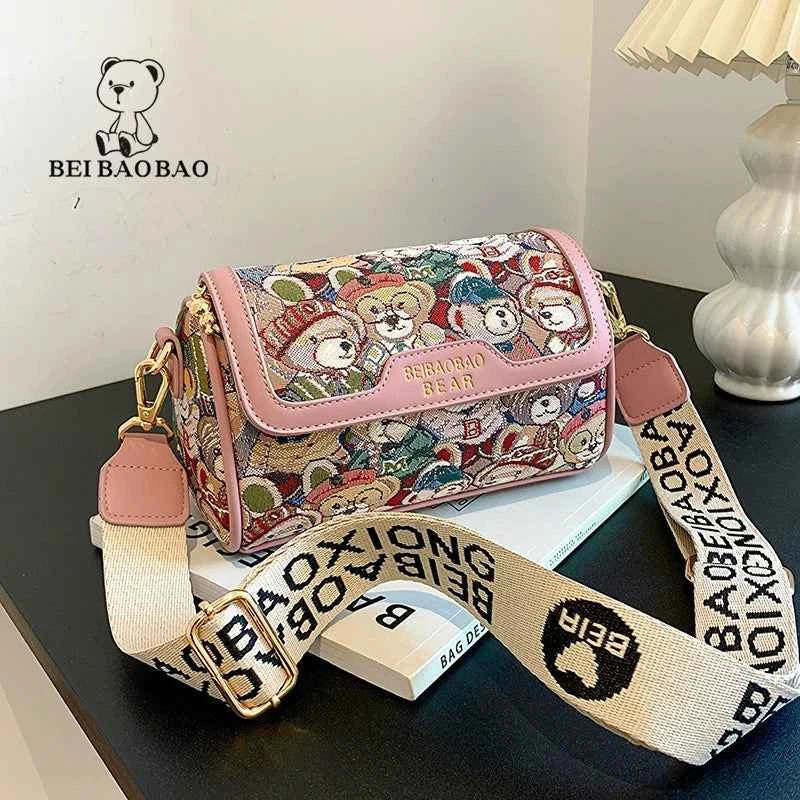 Canvas Boston Bag Crossbody For Women Cartoon Bear Design Fresh And Sweet Style Medium Size Pink Brown Navy Blue