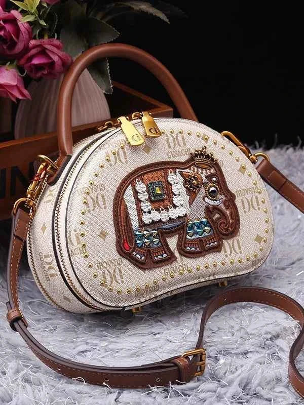 2025 Mini Square Crossbody Bag with Embroidered Elephant in Retro Color Blocking Brown and Cream PU Leather
