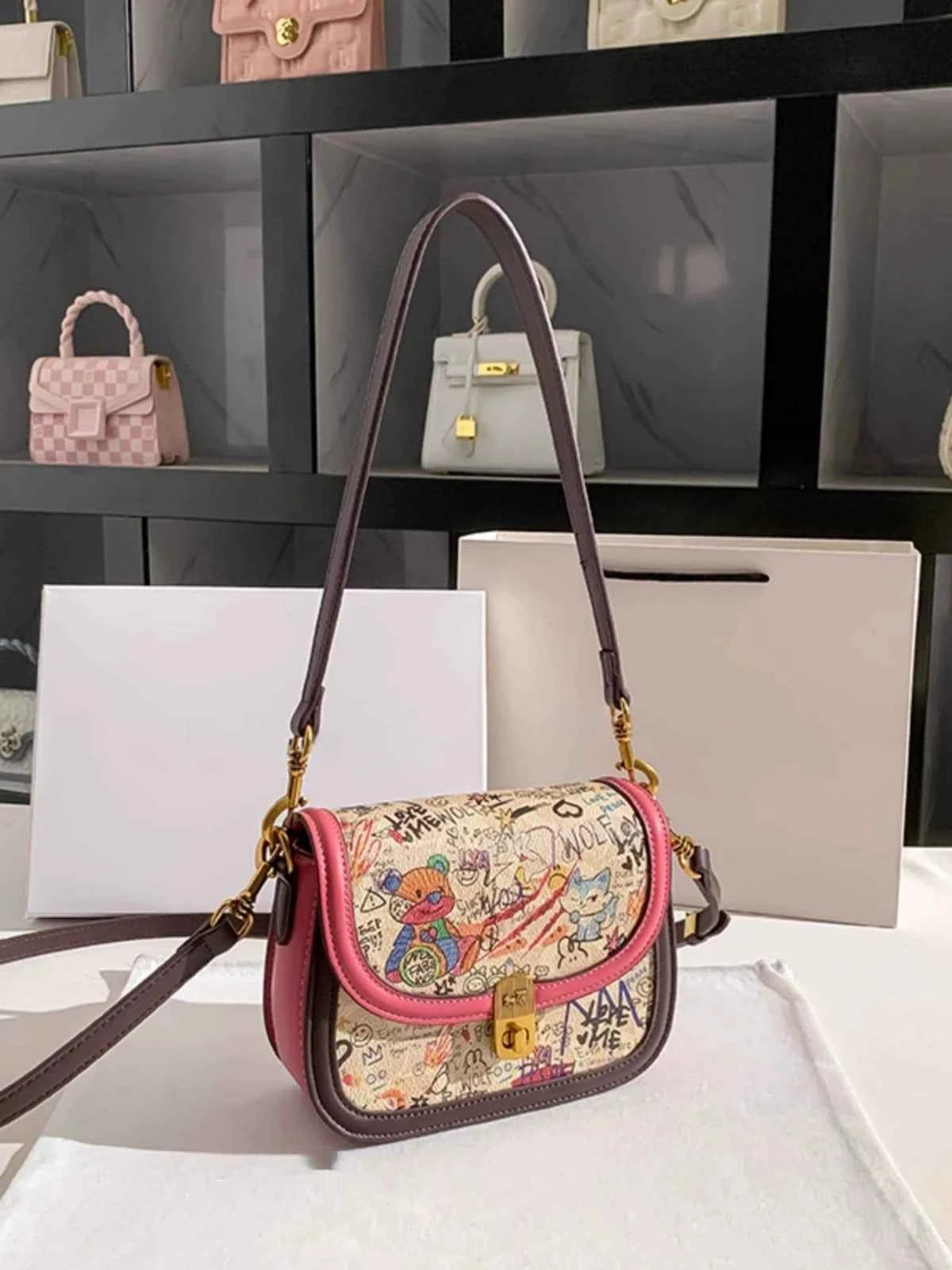 Zr Niche Design Graffiti Bear Tofu Small Square Bag Women 2025 New Fashion Contrasting Color Shoulder Crossbody Bag